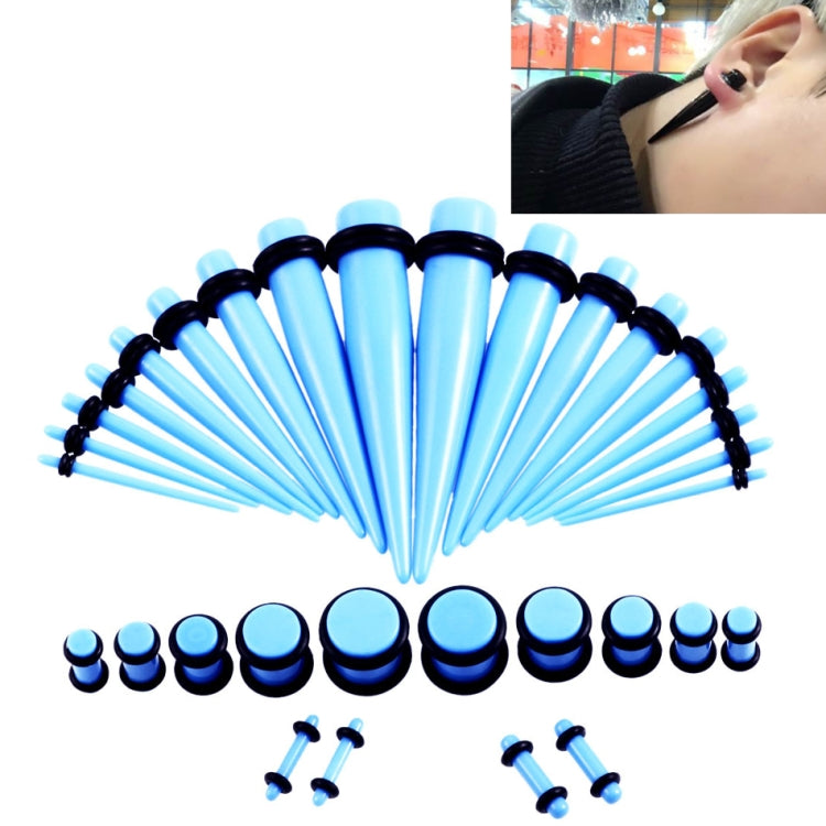 Light blue acrylic ear stretcher set with black flared plugs and insertion pins