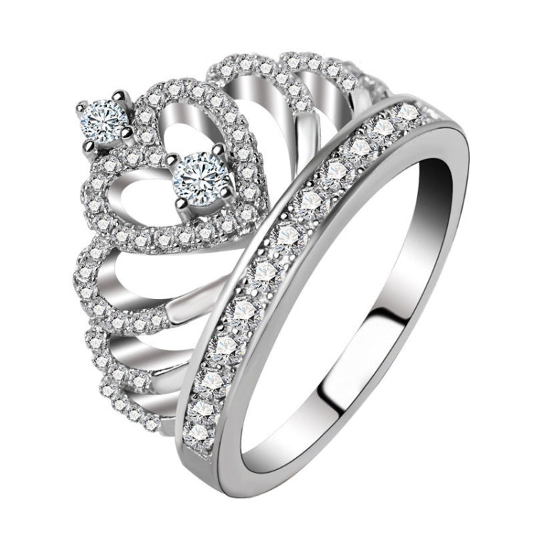 Crown-shaped zircon ring with round stones and halo setting, platinum-plated finish
