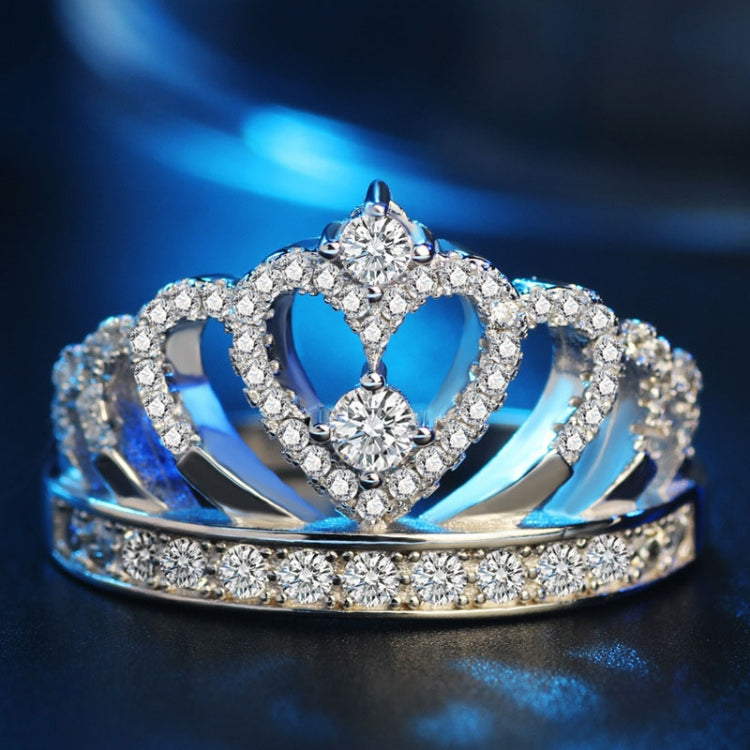 Platinum-plated zircon crown ring with heart-shaped openwork and clear stones
