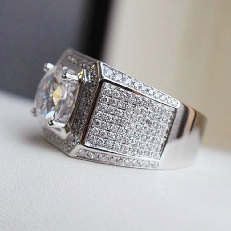 Silver rhinestone ring with a large faceted center stone and pavé rectangular face