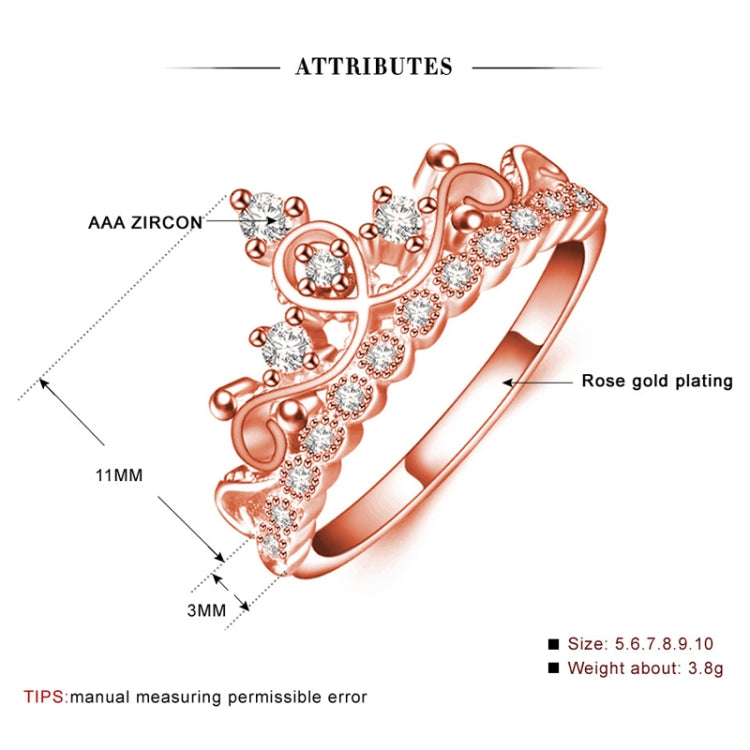 Rose gold plated zircon crown ring diagram with size and height indicators