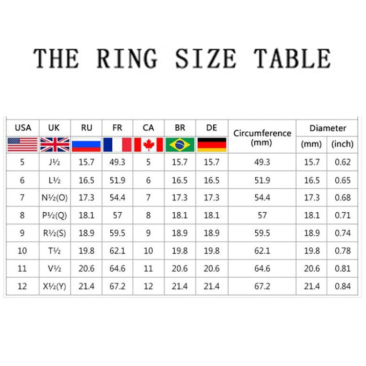 Ring size table for crown zircon ring: US sizes 5–12 with metric conversions