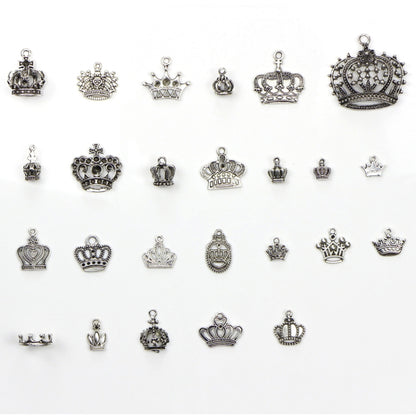 Tibetan silver crown pendant and charm set, assorted small crown shapes with loops