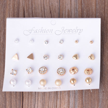 12-pair stud earring jewelry set on display card with silver, gold, and rhinestone designs