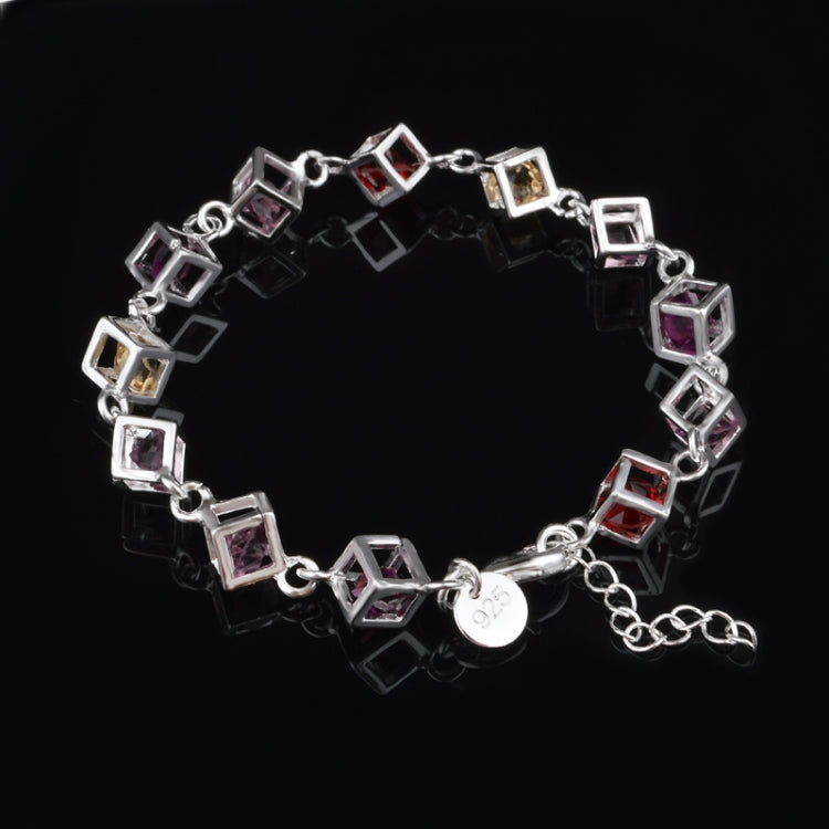 Silver rhinestone checker bracelet with hollow square links in red, purple, yellow, clear.
