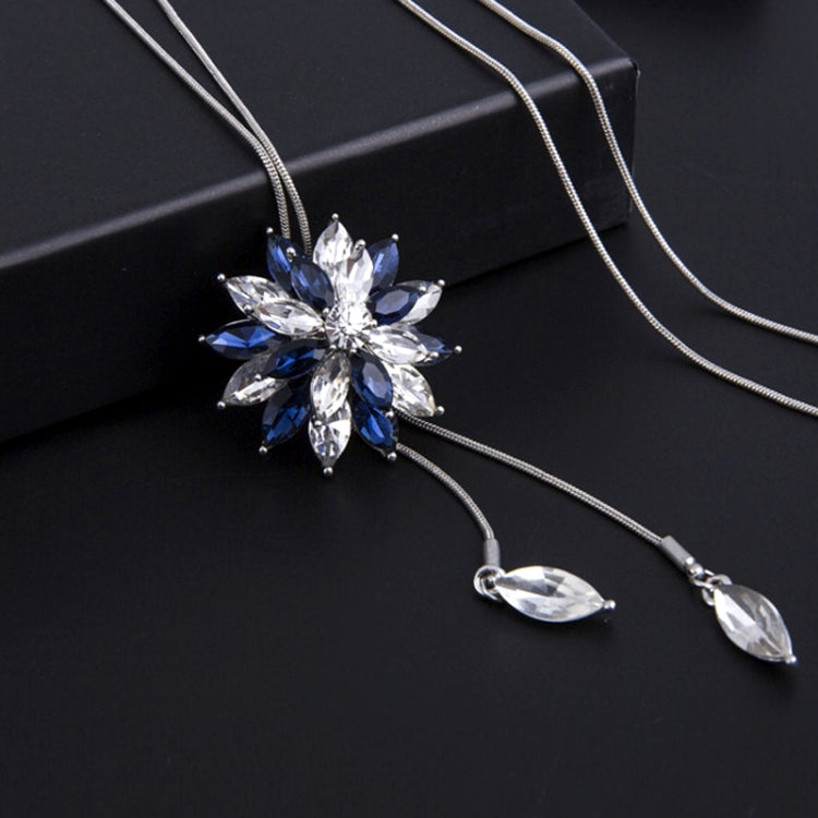 Blue and clear rhinestone flower necklace pendant with marquise drop charms