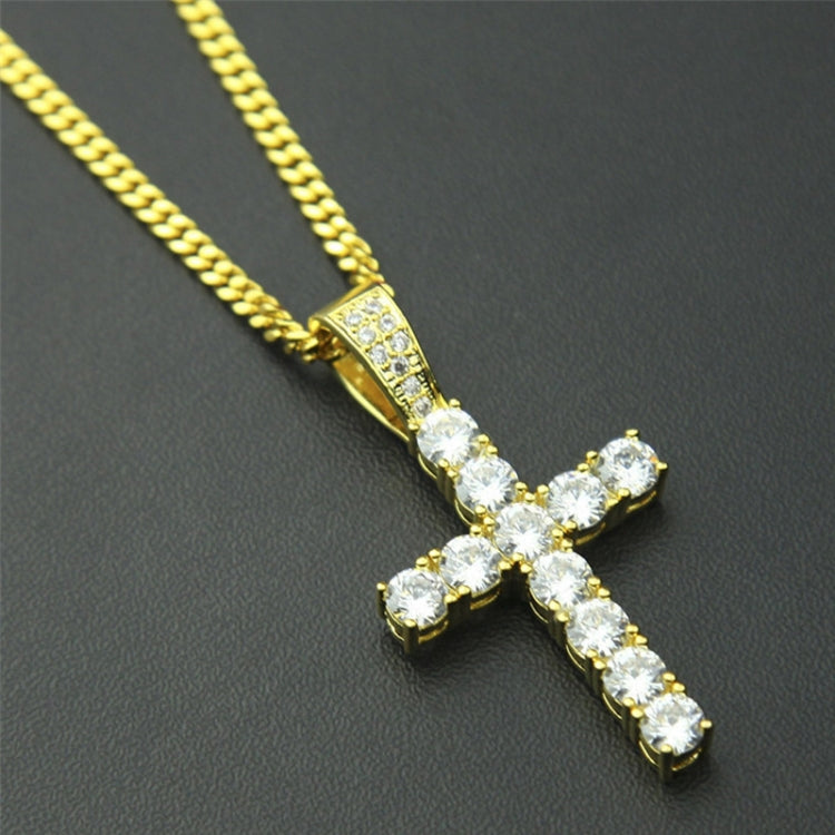 Gold-tone zircon cross pendant necklace with round clear stones on link chain