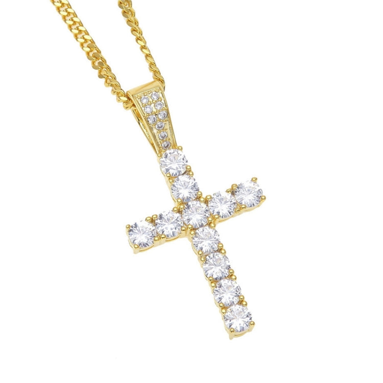 Gold-tone cross pendant necklace with clear round zircon stones on link chain