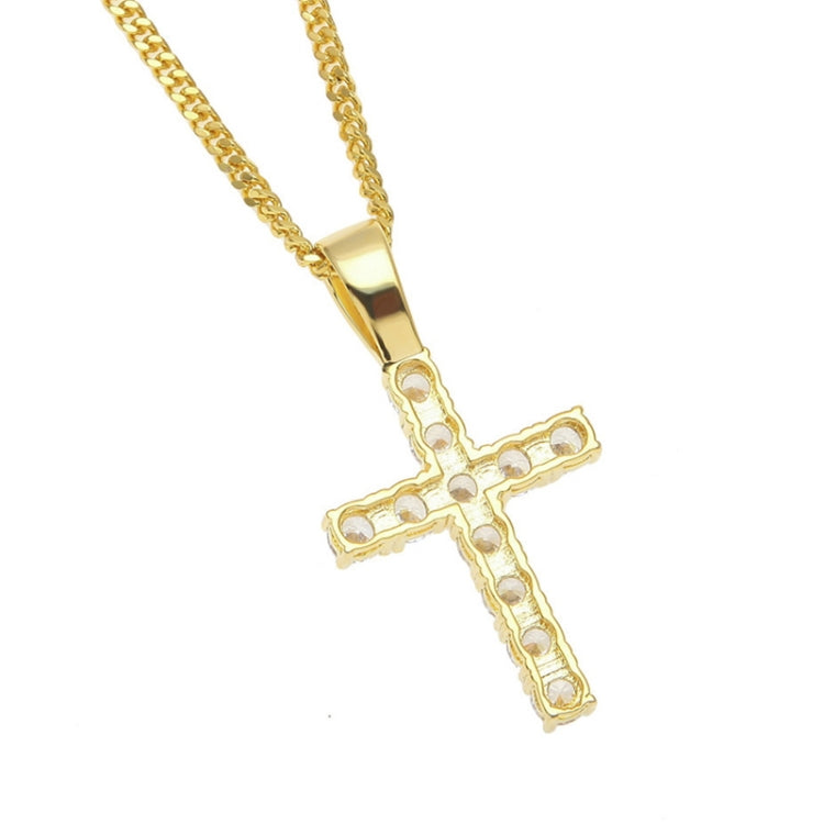 Gold-tone cross pendant necklace with smooth back and bail on link chain