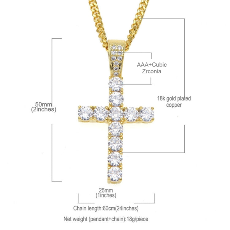 Gold-tone cross pendant necklace with clear cubic zirconia stones on link chain