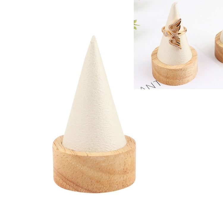Cone jewelry display stand with white fabric insert and round natural wood base, small