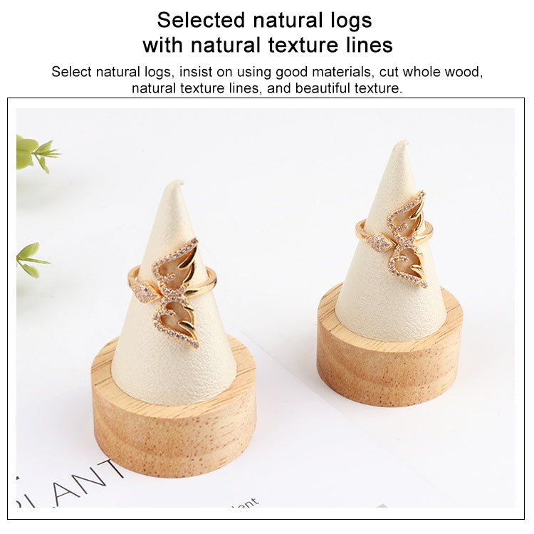 Pair of small cone jewelry display stands with white inserts and natural log wood bases