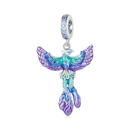 Colorful phoenix enamel charm with rainbow wings and silver loop