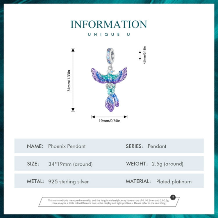 Phoenix pendant info card: 925 sterling silver, 34×19mm size, 2.5g weight