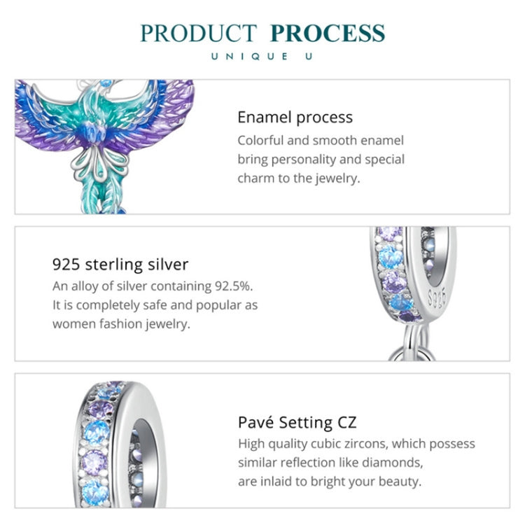 Colorful phoenix enamel pendant with blue-green-purple wings and silver CZ hoop