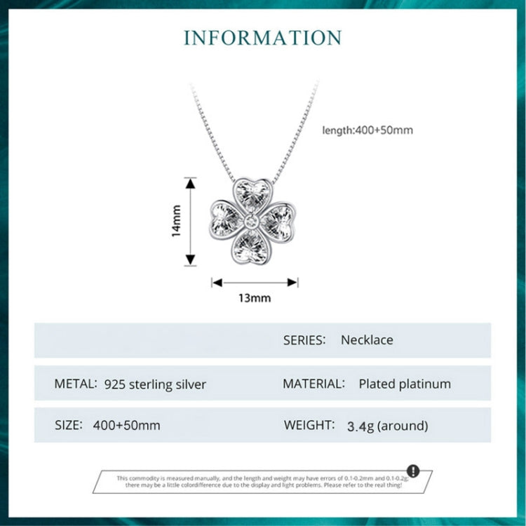 Lucky clover pendant necklace with measurement diagram and metal details on card