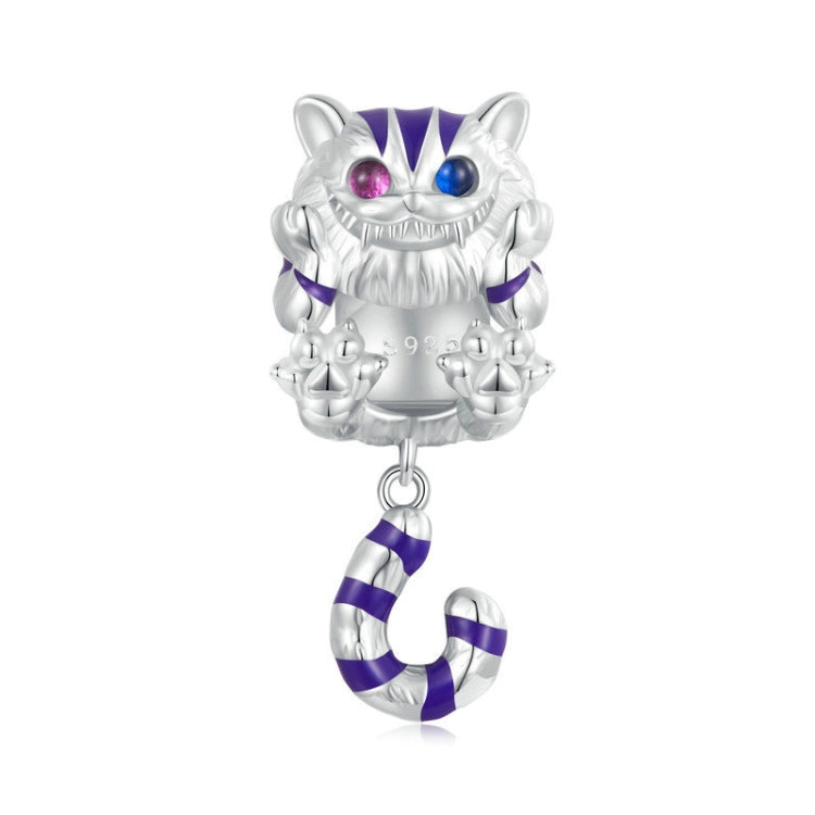 Sterling silver cat charm pendant with purple and blue eyes and striped tail drop