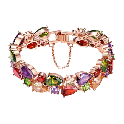 Rose gold charm bracelet with multicolor zircon stones and lobster clasp, 16 cm