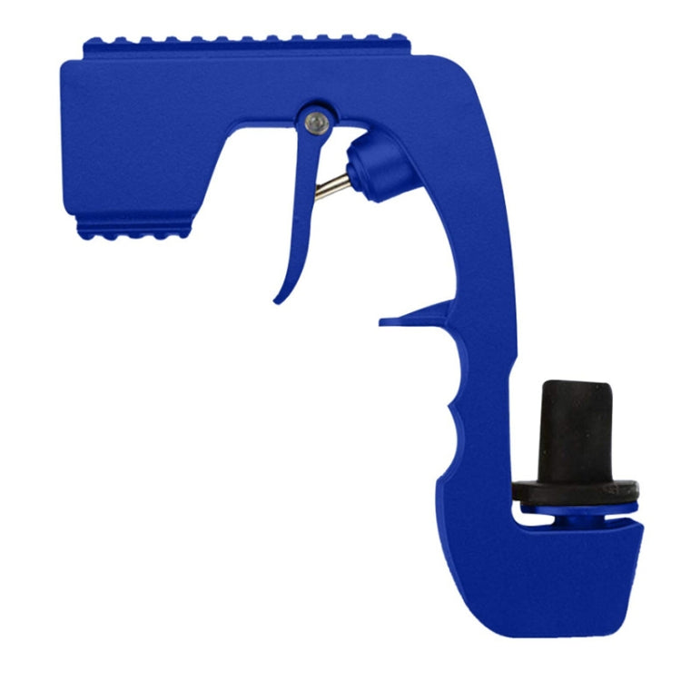 Blue plastic-wrapped metal bubble squirt gun with trigger and bottle nozzle