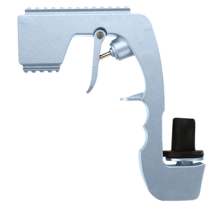 Light gray plastic-wrapped metal bubble squirt gun with trigger and nozzle