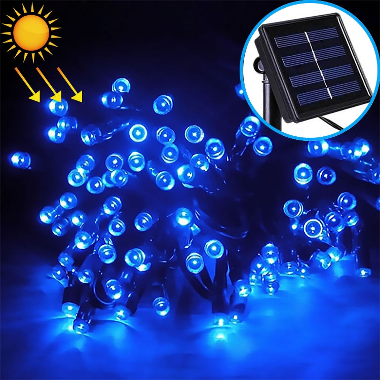 Solar LED string lights with blue round bulbs and black solar panel for outdoor use