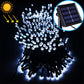 Solar LED string lights with cool white round bulbs and black solar panel for outdoor use