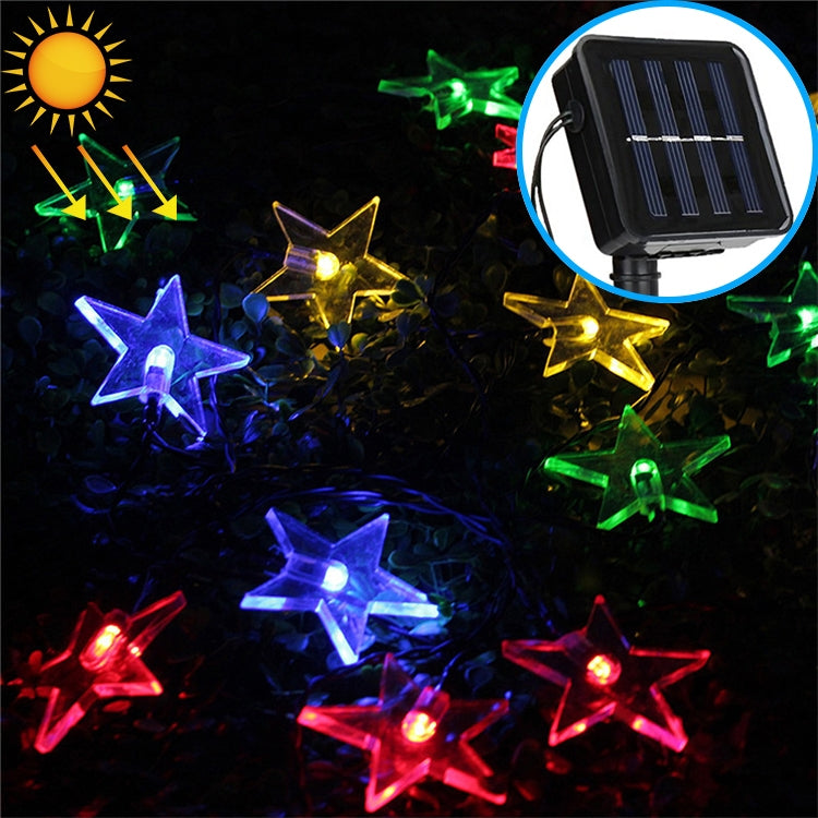 Solar-powered star LED string lights with multicolor glowing star bulbs and solar panel