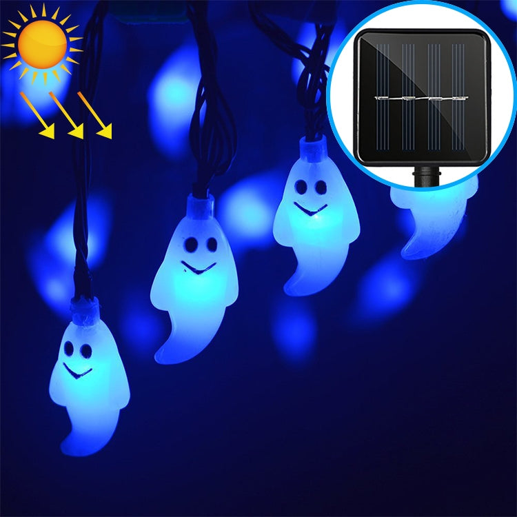Blue-glowing ghost-shaped LED string lights with a solar panel stake