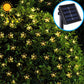 Solar flower LED light string with warm golden glowing flower bulbs and solar panel inset