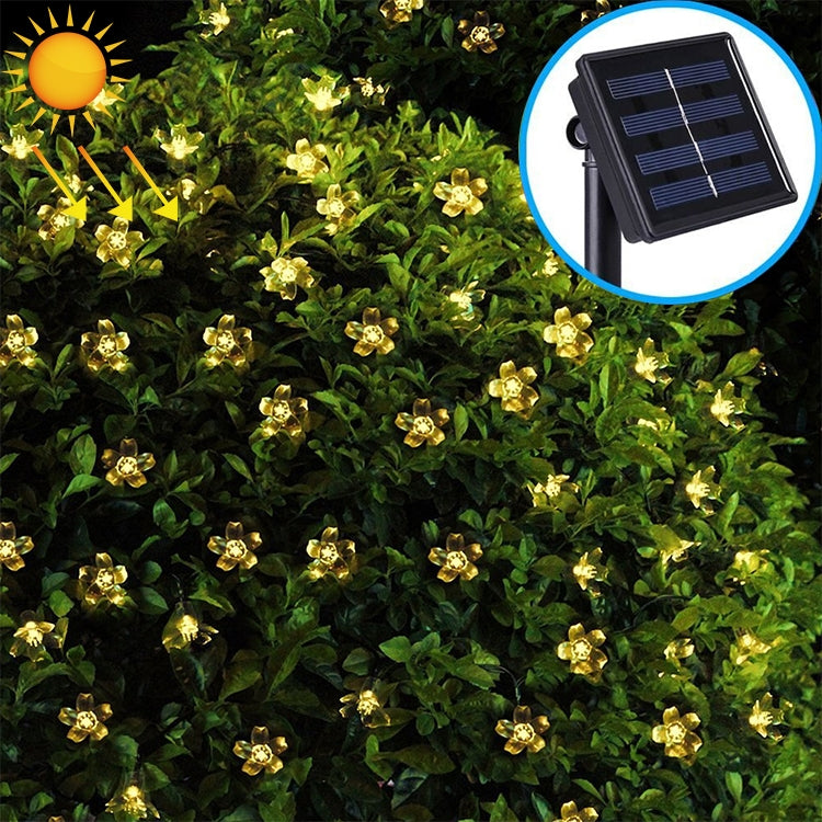 Solar flower LED light string with warm golden glowing flower bulbs and solar panel inset