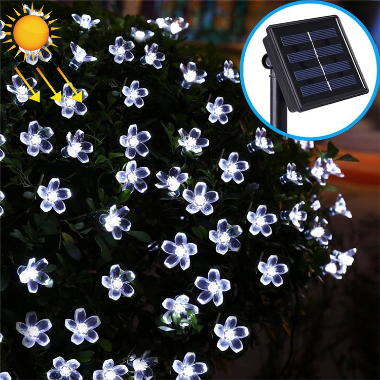 Solar flower LED light string with white glowing flower bulbs and solar panel inset