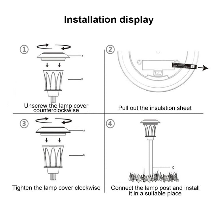 Solar outdoor lawn lamp installation steps diagram with lamp cover and post