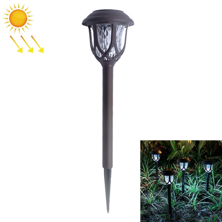 Black solar lawn lamp with lantern head and stake, shown with cool white glow