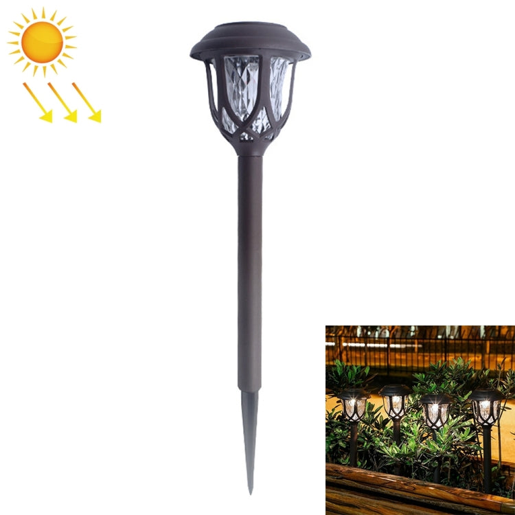 Black solar lawn lamp with lantern head and stake, shown with warm white glow