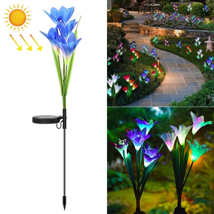 Solar lily LED garden stake with four blue-lit lily heads and stake base