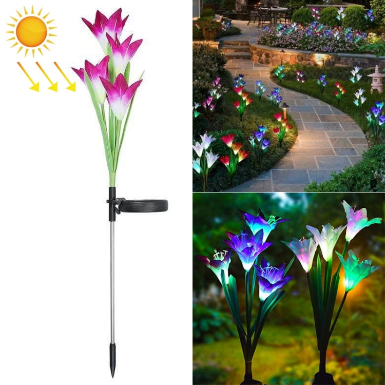 Solar lily LED garden stake with four pink-lit lily heads and stake base