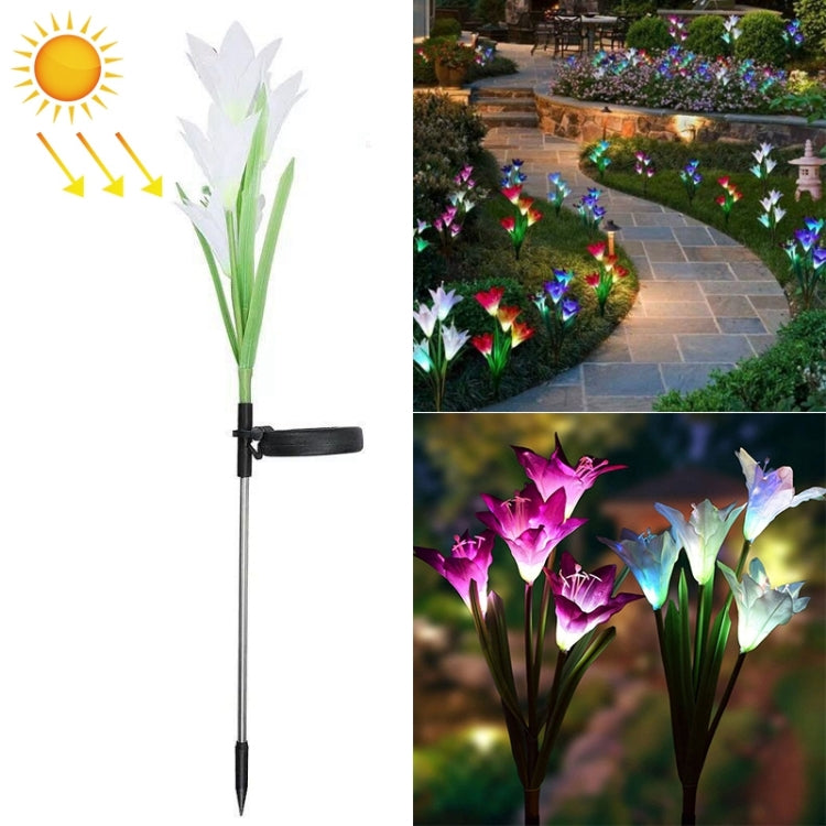 Solar lily LED garden stake with four white-lit lily heads and stake base
