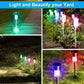 Solar garden stake lights glowing in multiple colors with stainless steel housings