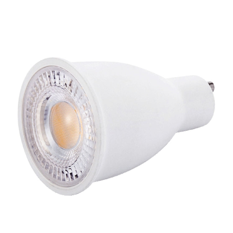 Warm white GU10 LED spotlight bulb, angled front lens with white body