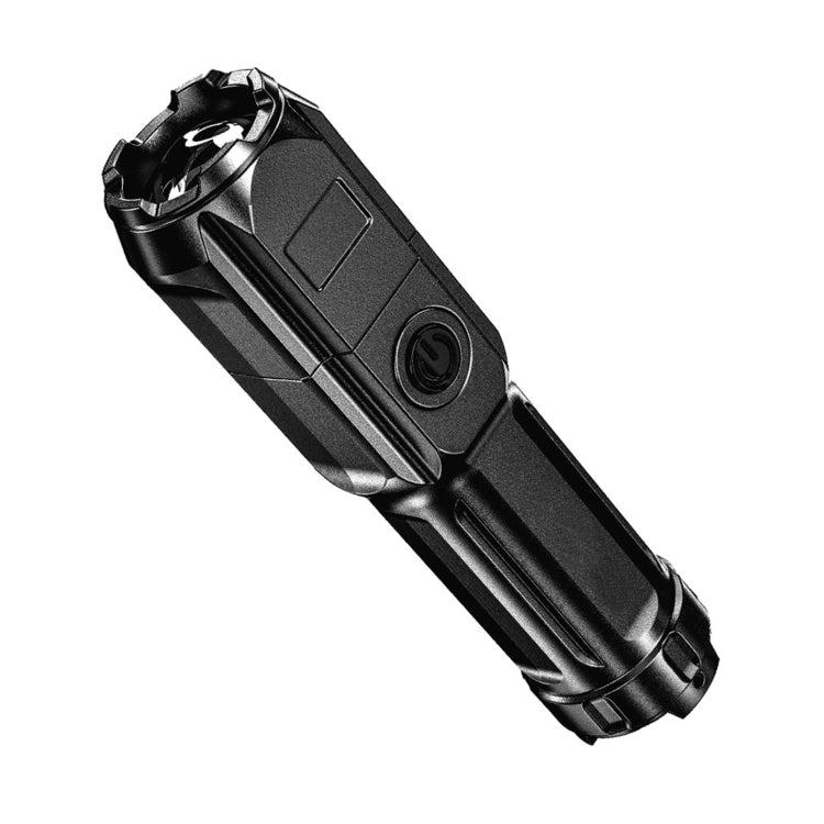 Compact telescopic flashlight with zoom head, black metal finish and side buttons.