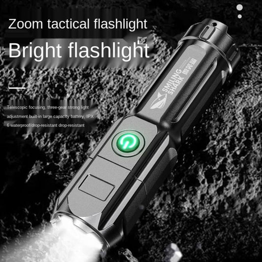 Silver telescopic flashlight with green indicator light on the side panel.
