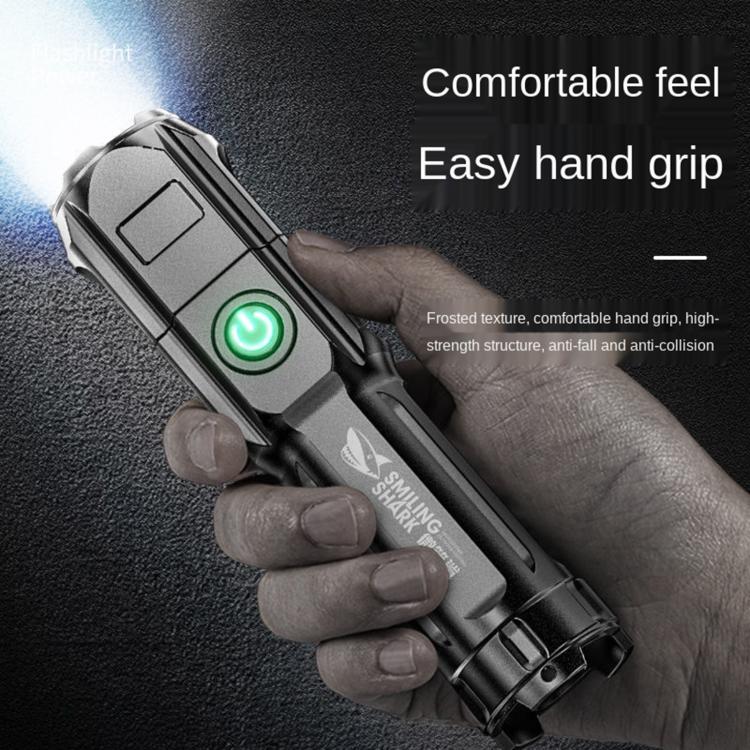 Handheld flashlight with green power icon on the side and textured grip body.