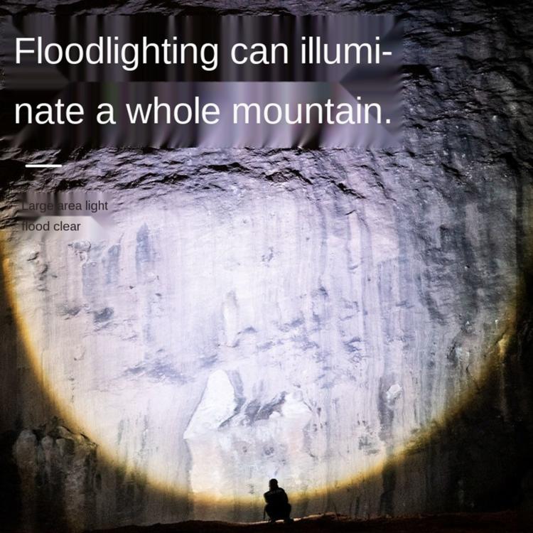 Flashlight beam illuminating a rocky wall and distant figure in the dark.