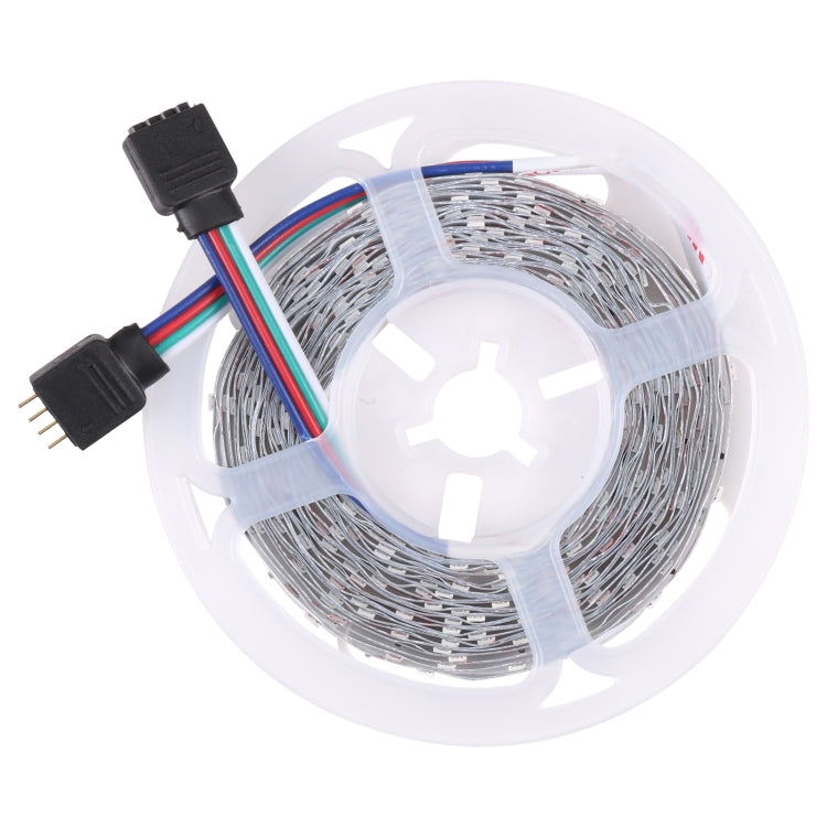 RGB LED rope light reel with clear cover, visible LED segments, and black connector