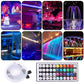 RGB LED rope light with 44-key remote control, showing multicolor lighting effects