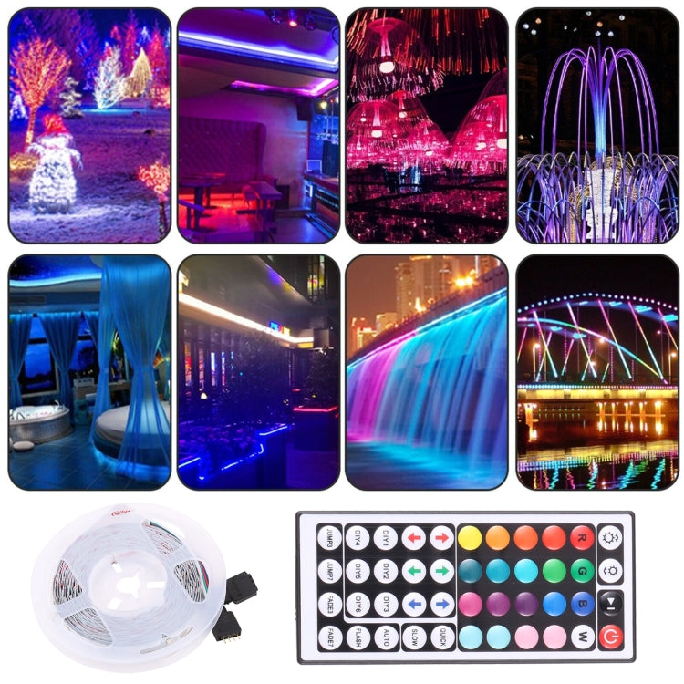 RGB LED rope light with 44-key remote control, showing multicolor lighting effects