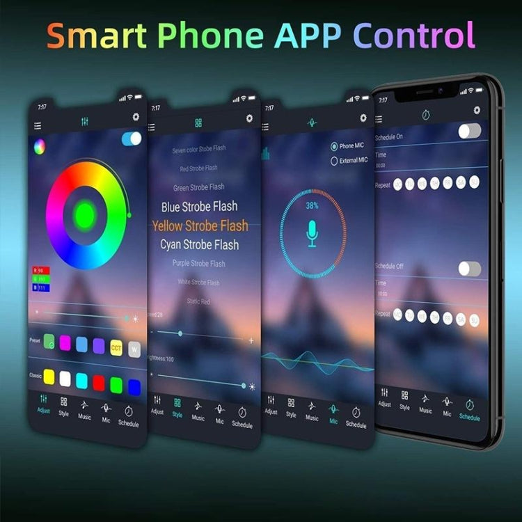 RGB LED rope light controlled by smartphone app with color selection screen