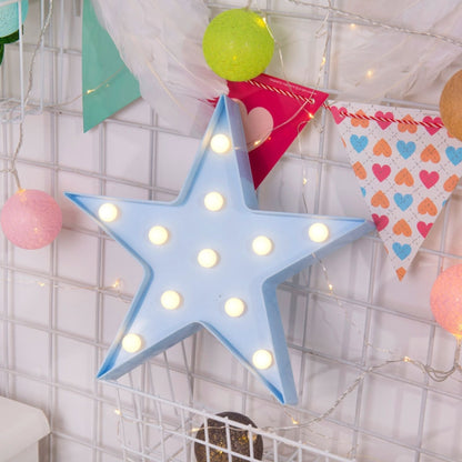 Blue LED pentagram night light star with glowing bulbs, AA battery powered