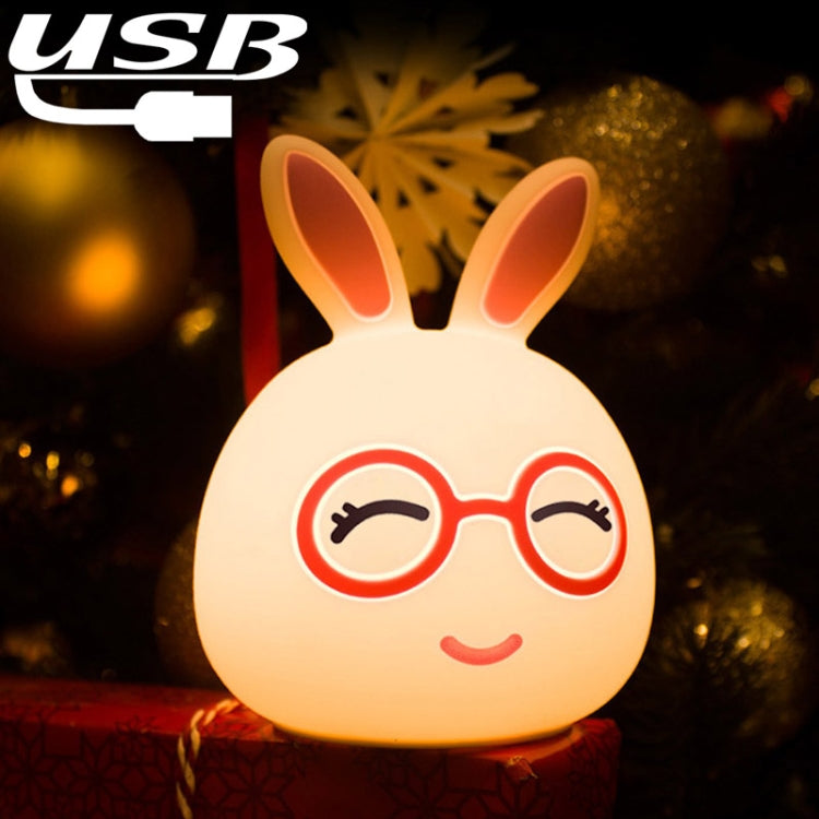 USB charging LED rabbit lamp with red round glasses and cute wink smile