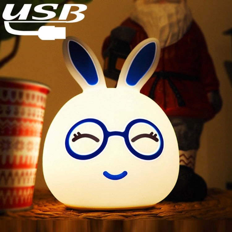 USB charging LED rabbit lamp with blue round glasses and closed-eye smile